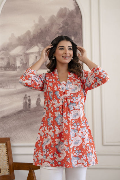 Coral Red Floral Cotton Short Kurti for Women
