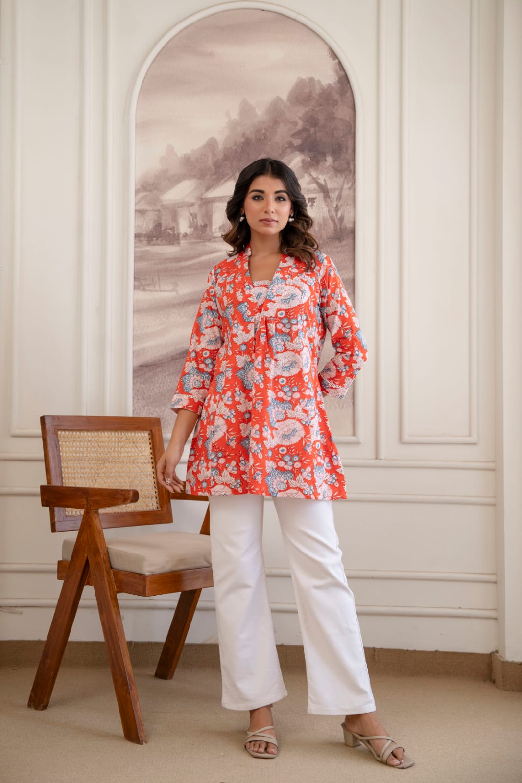 Coral Red Floral Cotton Short Kurti for Women