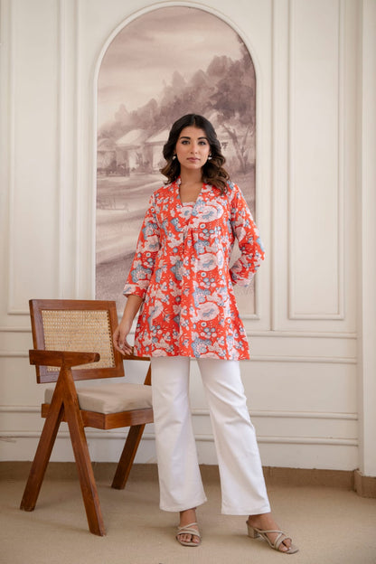 Coral Red Floral Cotton Short Kurti for Women
