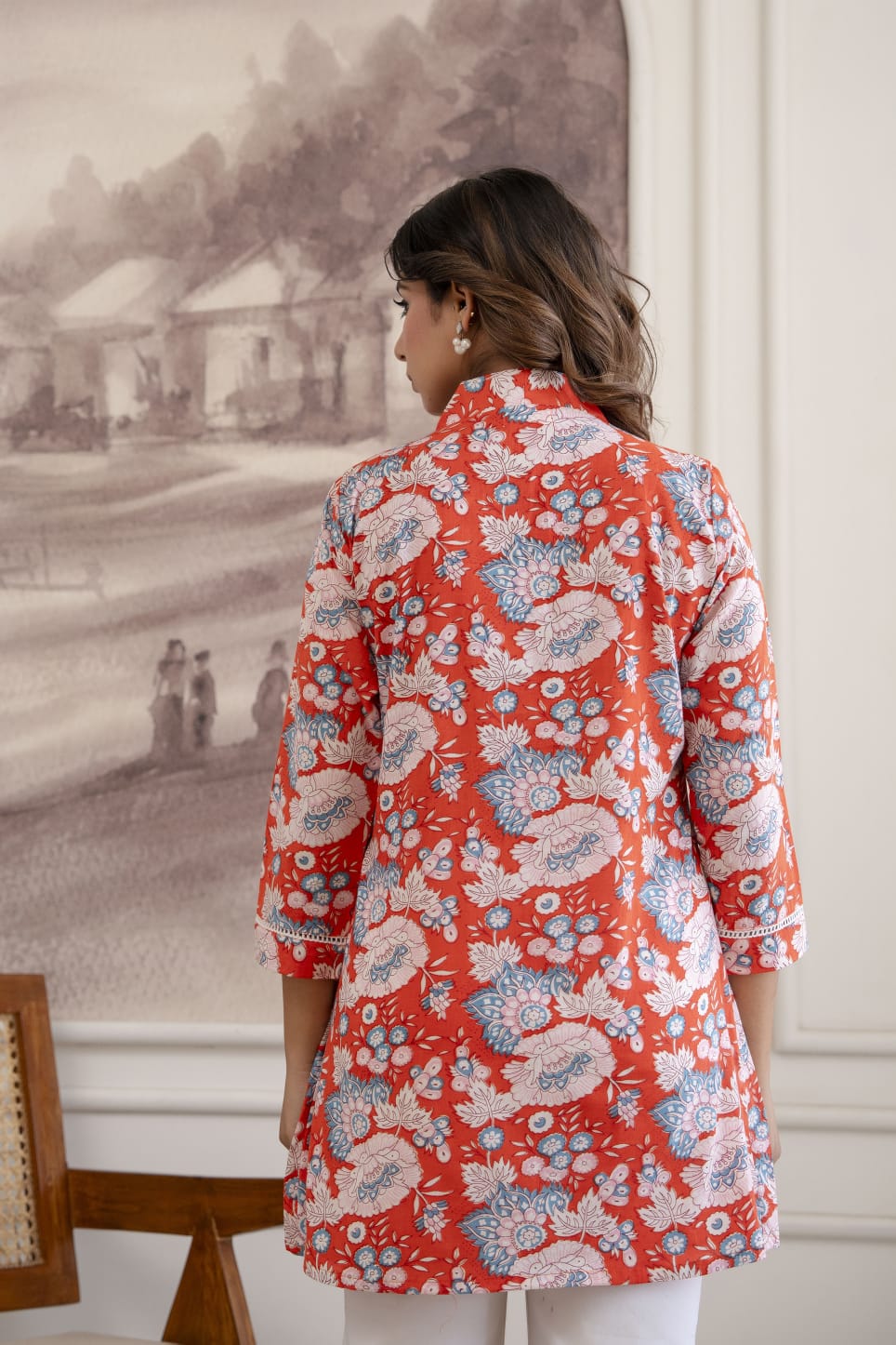 Coral Red Floral Cotton Short Kurti for Women