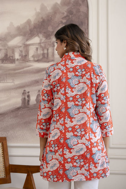 Coral Red Floral Cotton Short Kurti for Women