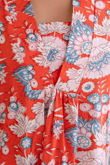 Coral Red Floral Cotton Short Kurti for Women