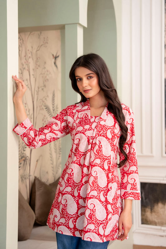 Red Paisley Cotton Short Kurti for Women