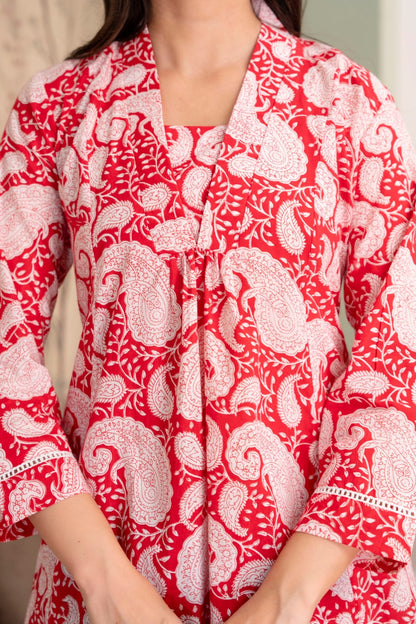 Red Paisley Cotton Short Kurti for Women