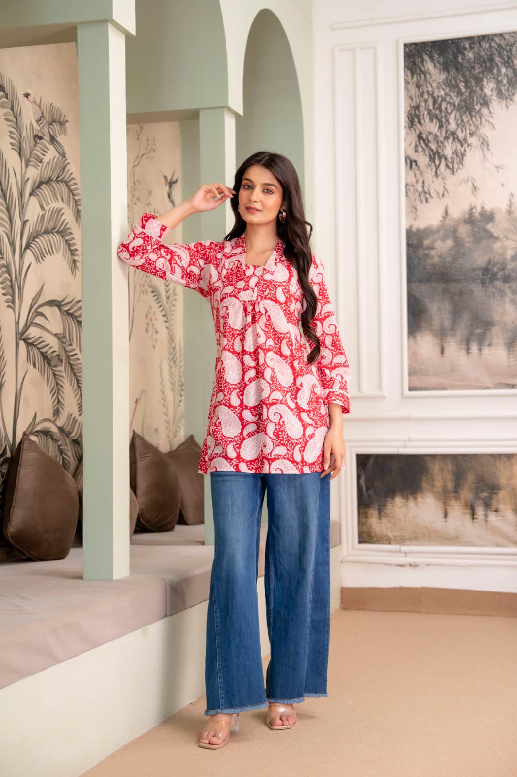 Red Paisley Cotton Short Kurti for Women