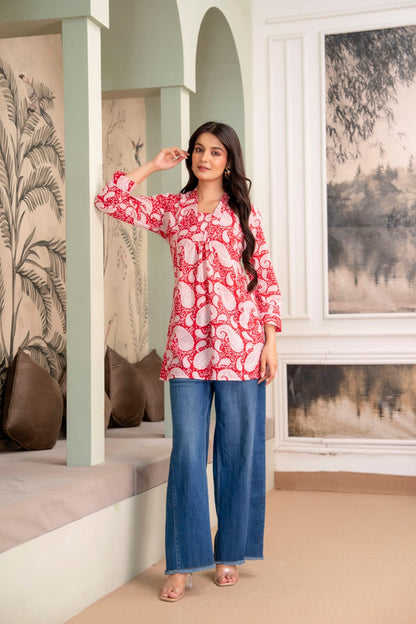Red Paisley Cotton Short Kurti for Women