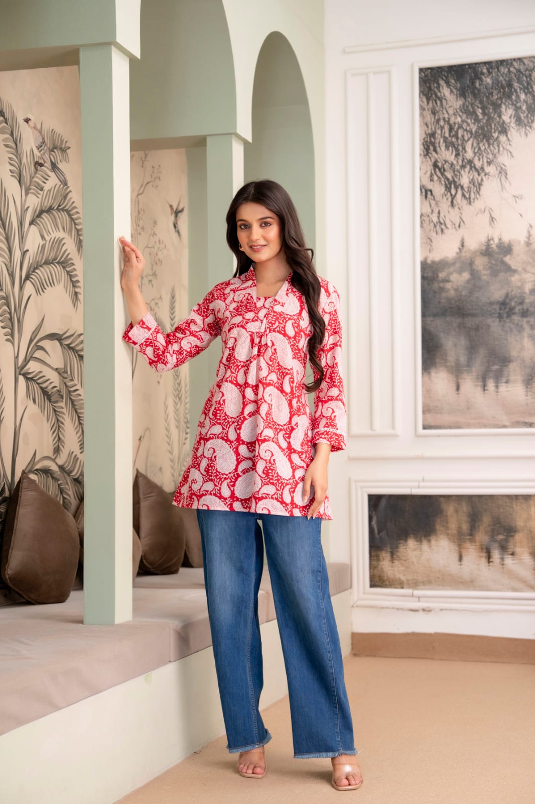 Red Paisley Cotton Short Kurti for Women