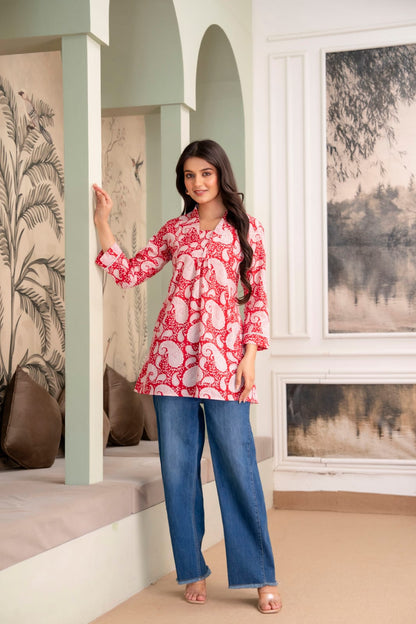 Red Paisley Cotton Short Kurti for Women
