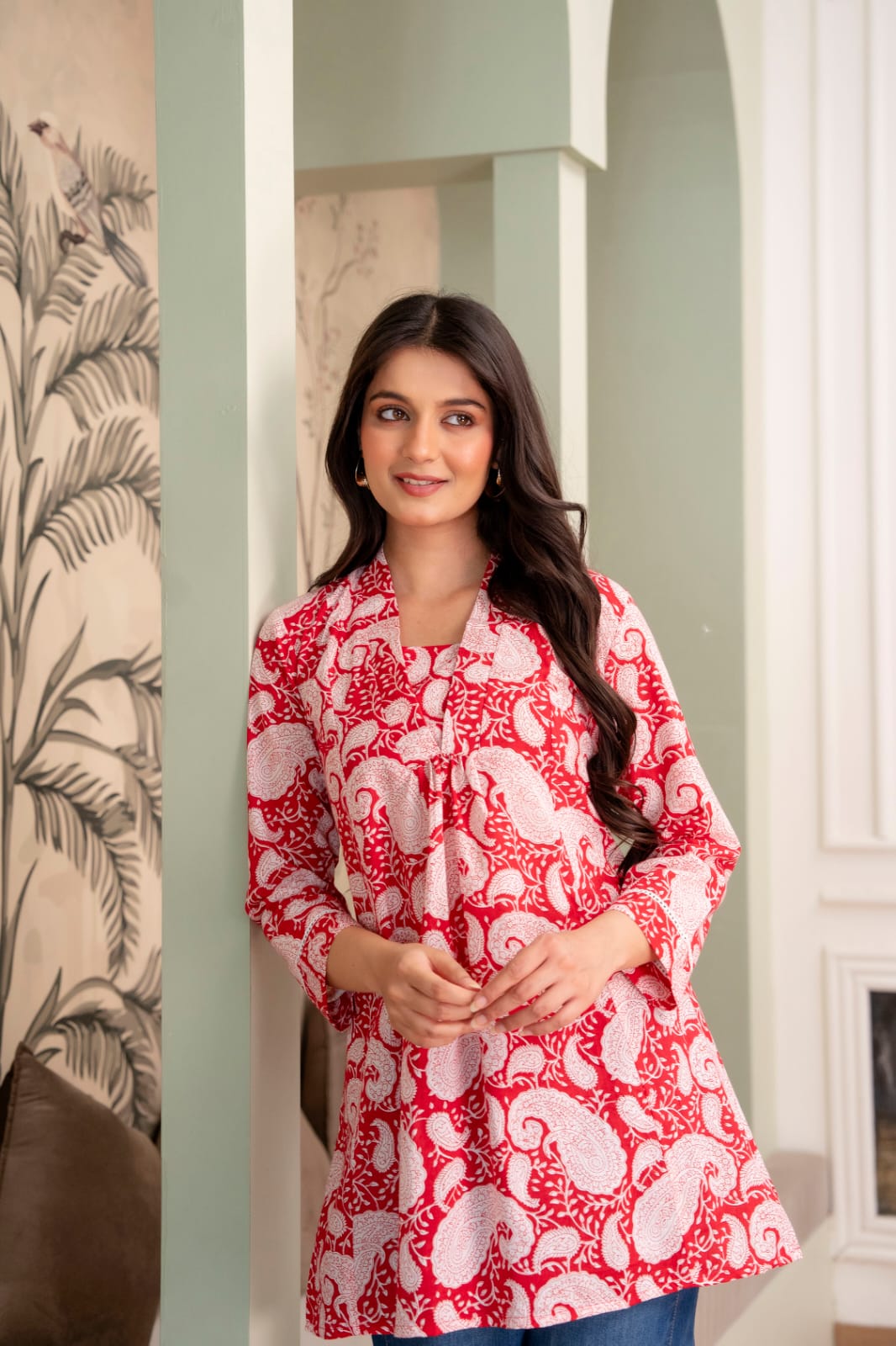 Red Paisley Cotton Short Kurti for Women