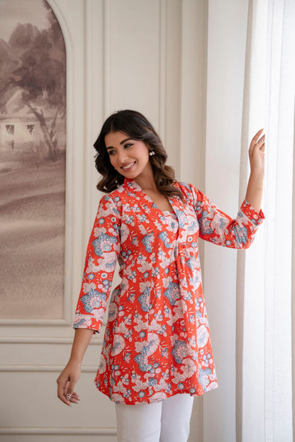 Coral Red Floral Cotton Short Kurti for Women