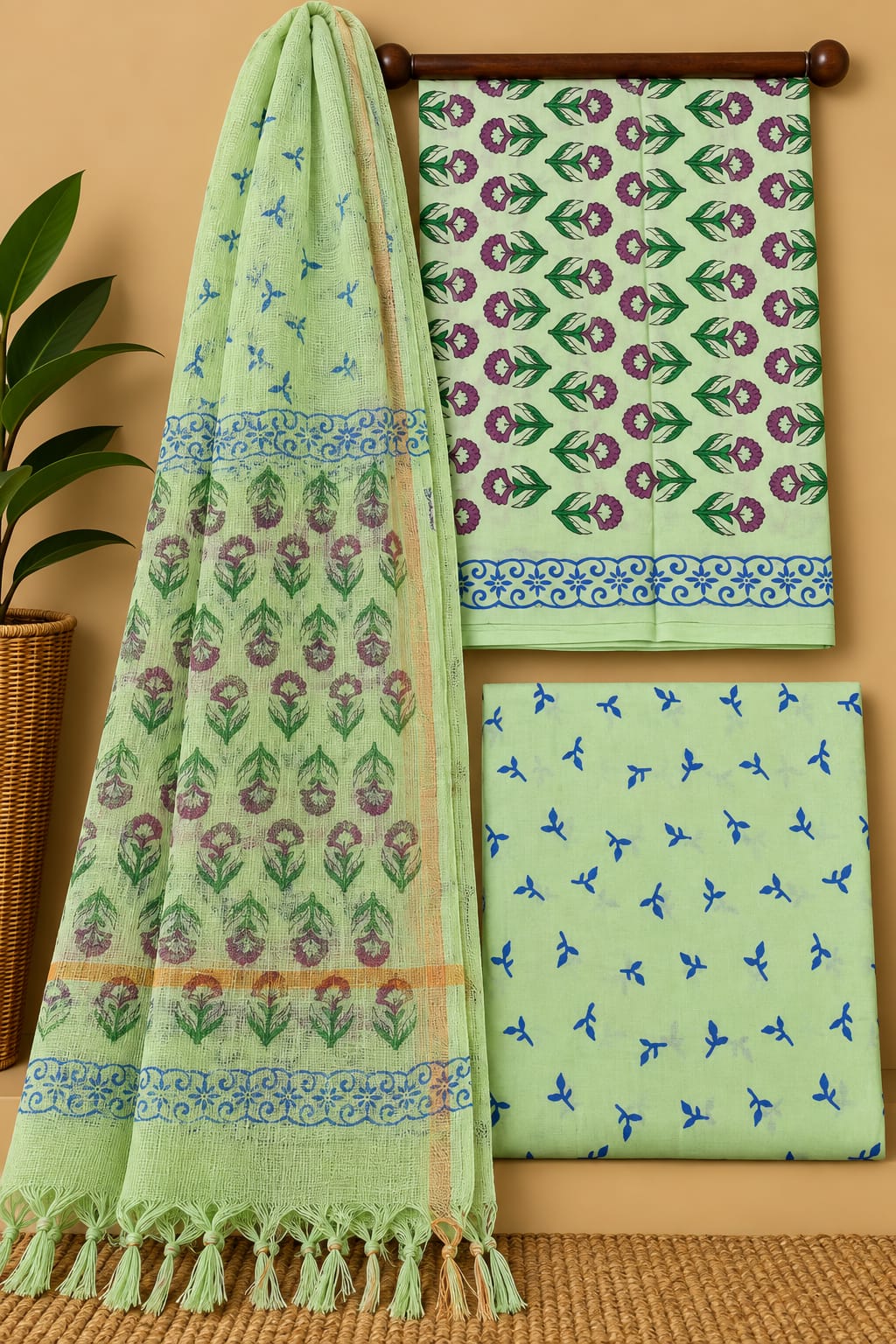 Sage Green Floral Booti Cotton Suit Set with Kota Doria Dupatta
