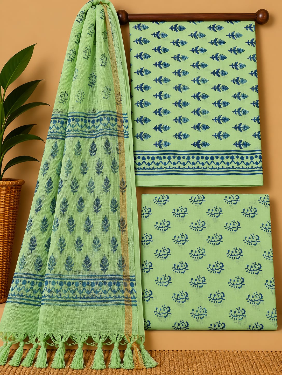 Sage Green Floral Booti Cotton Suit Set with Kota Doria Dupatta