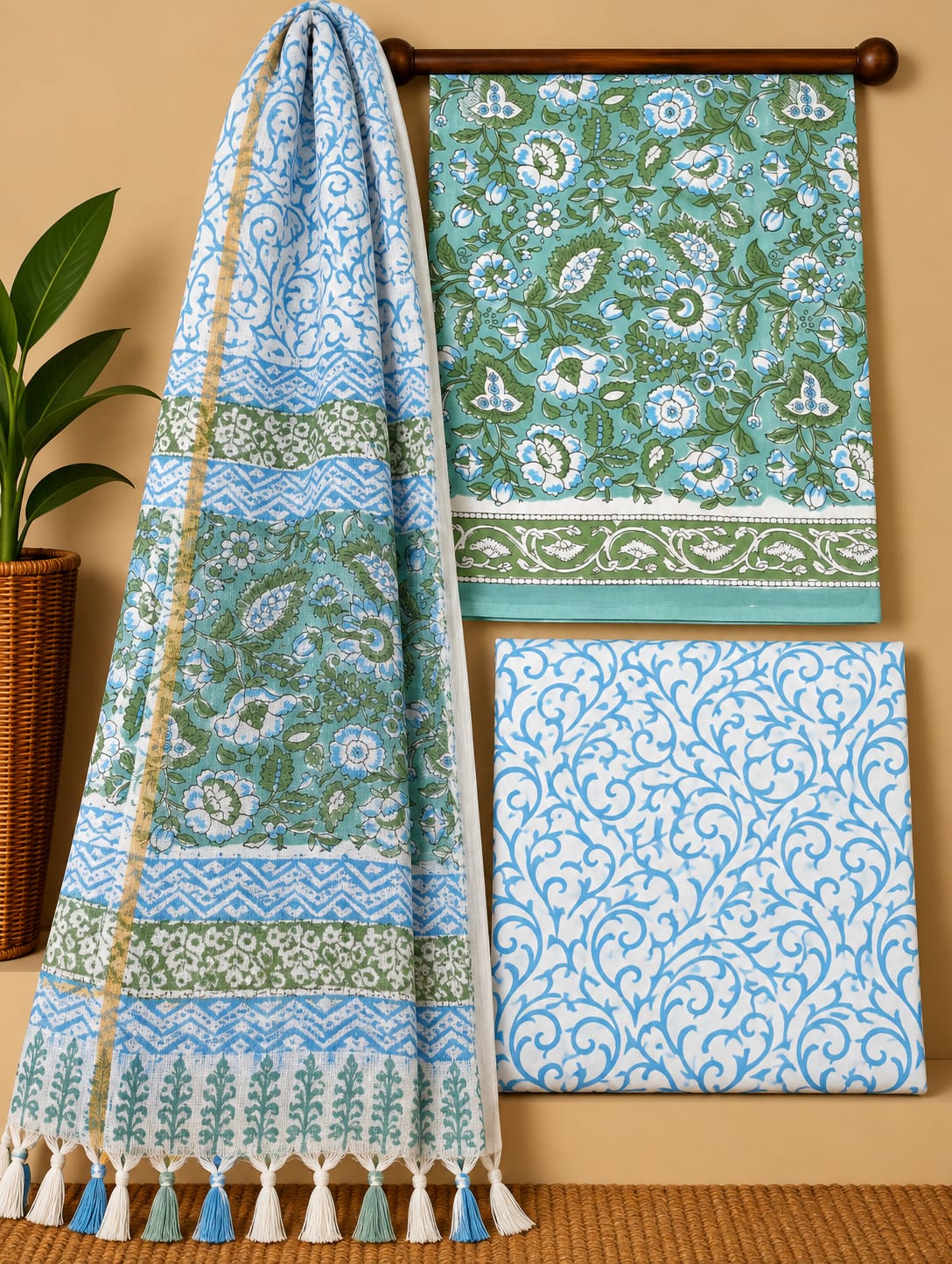 Sage Green Floral Jaal Cotton Suit Set with Kota Doria Dupatta