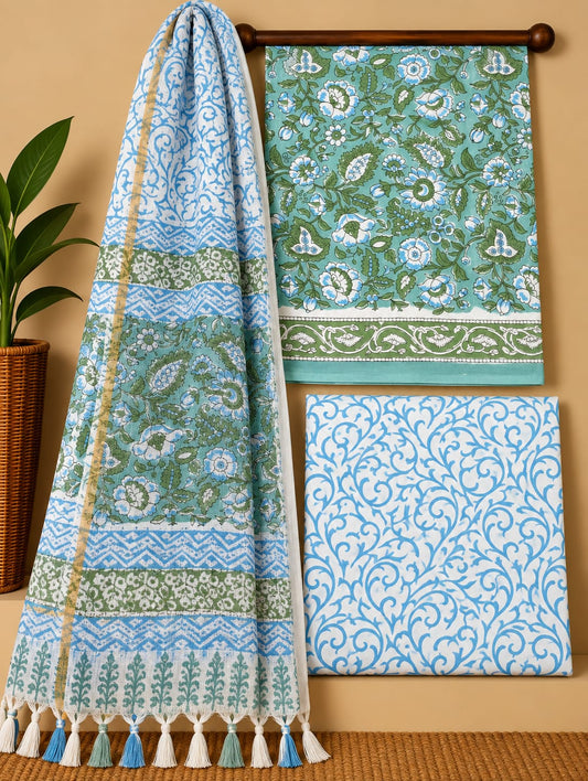 Sage Green Floral Jaal Cotton Suit Set with Kota Doria Dupatta