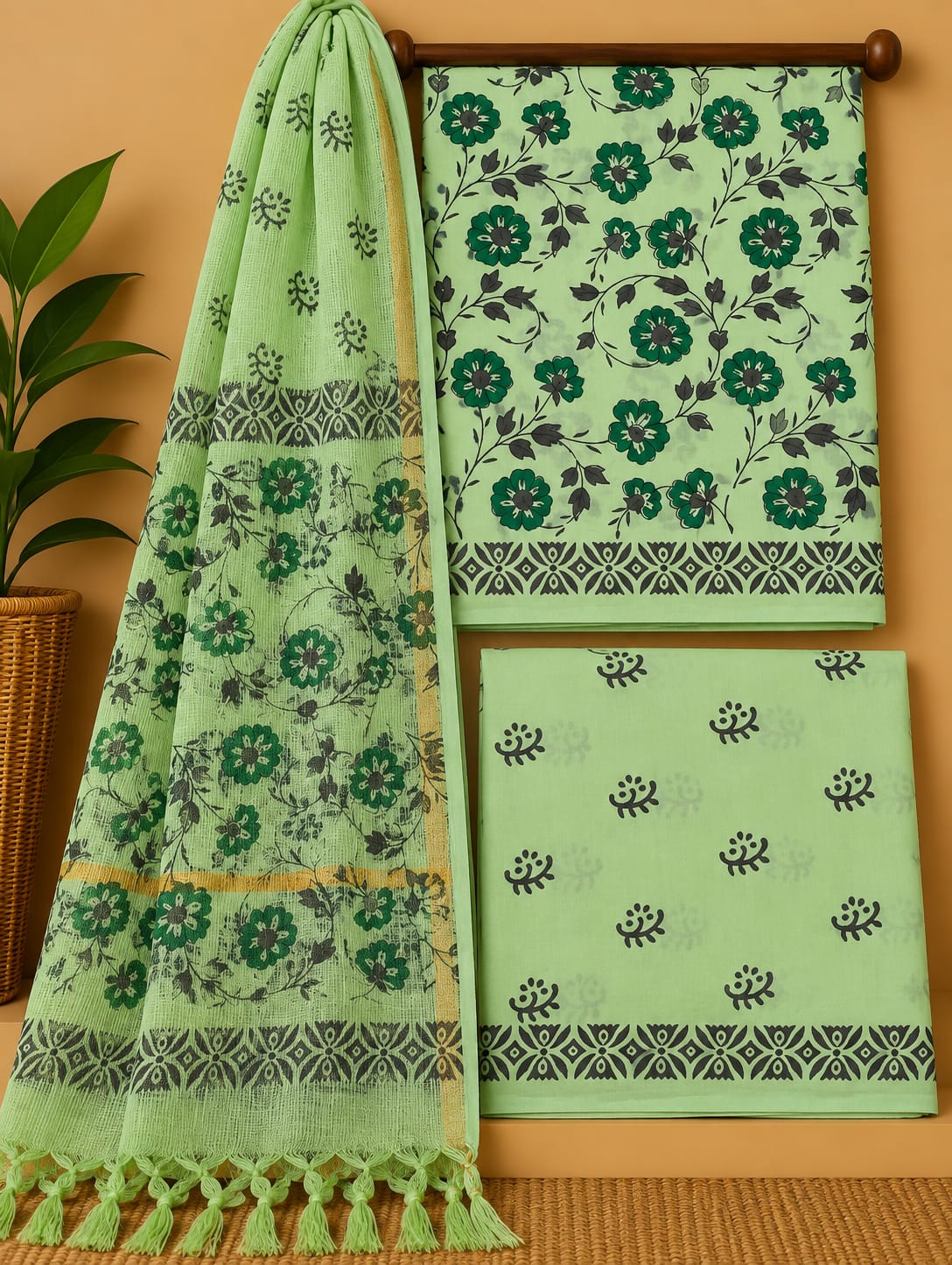 Sage Green Floral Jaal Cotton Suit Set with Kota Doria Dupatta