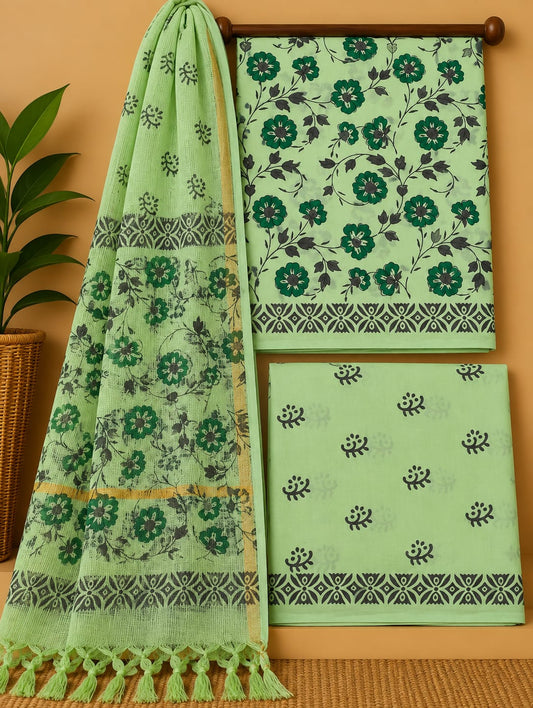 Sage Green Floral Jaal Cotton Suit Set with Kota Doria Dupatta