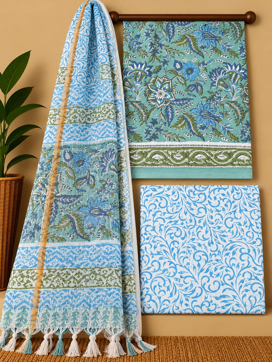 Sage Green Floral Cotton Suit Set with Kota Doria Dupatta