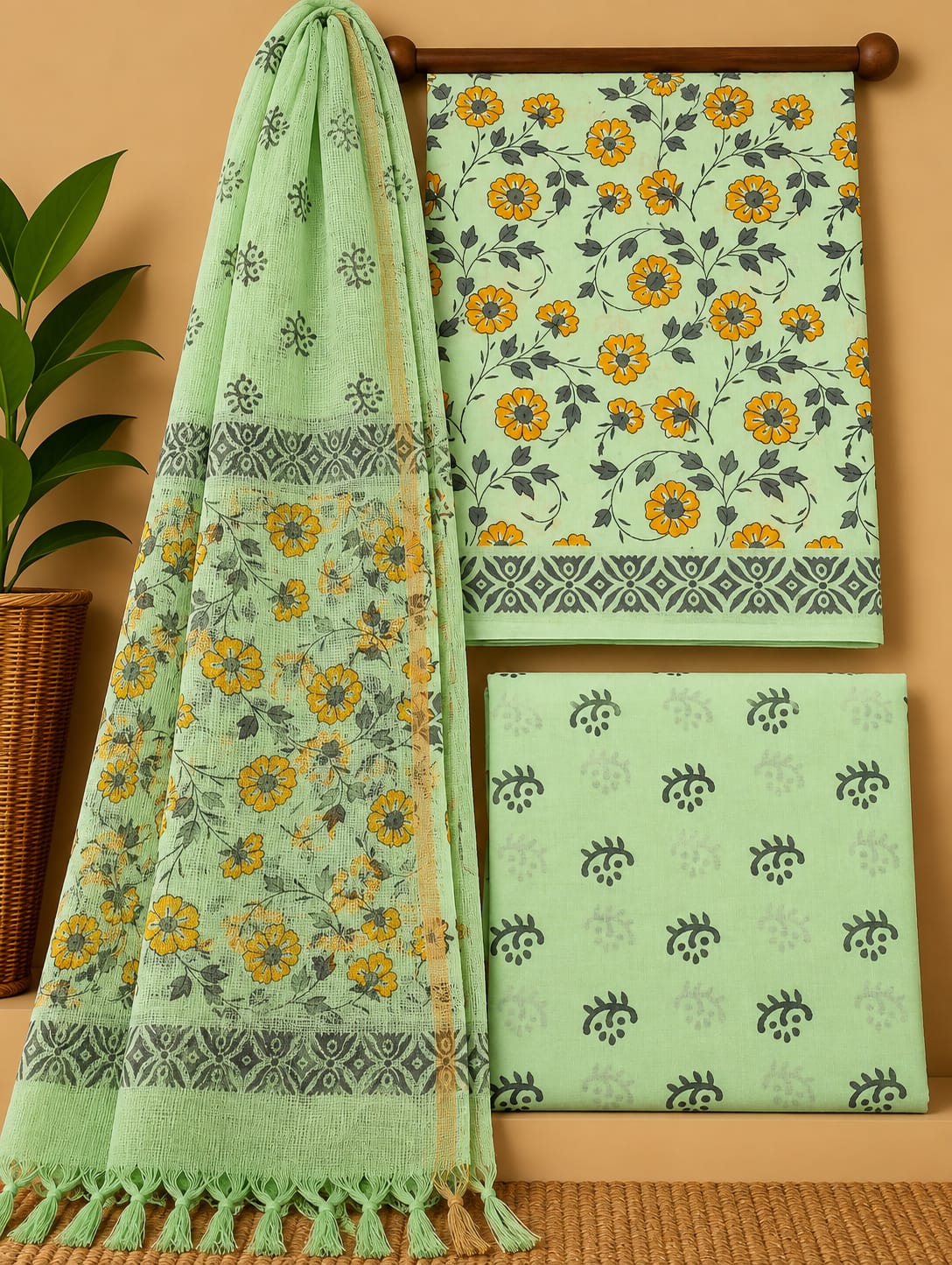 Sage Green Floral Cotton Suit Set with Kota Doria Dupatta