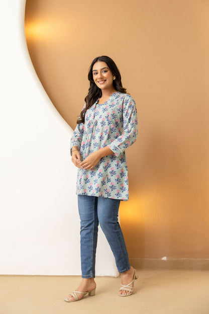 Sage Green Floral Cotton Short Kurti for Women