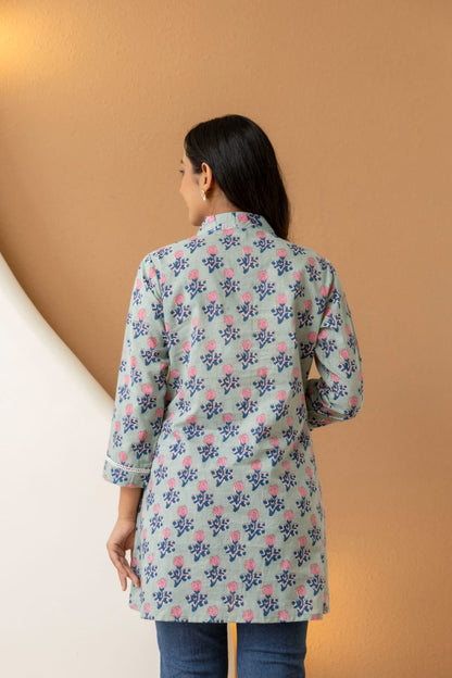 Sage Green Floral Cotton Short Kurti for Women