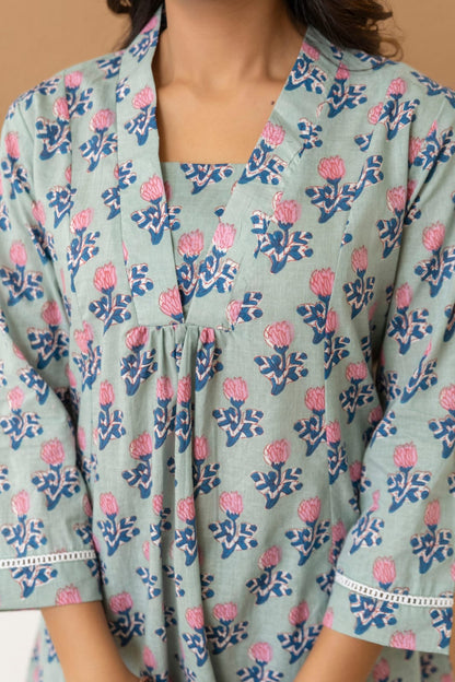 Sage Green Floral Cotton Short Kurti for Women