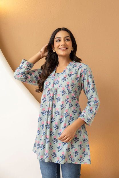 Sage Green Floral Cotton Short Kurti for Women