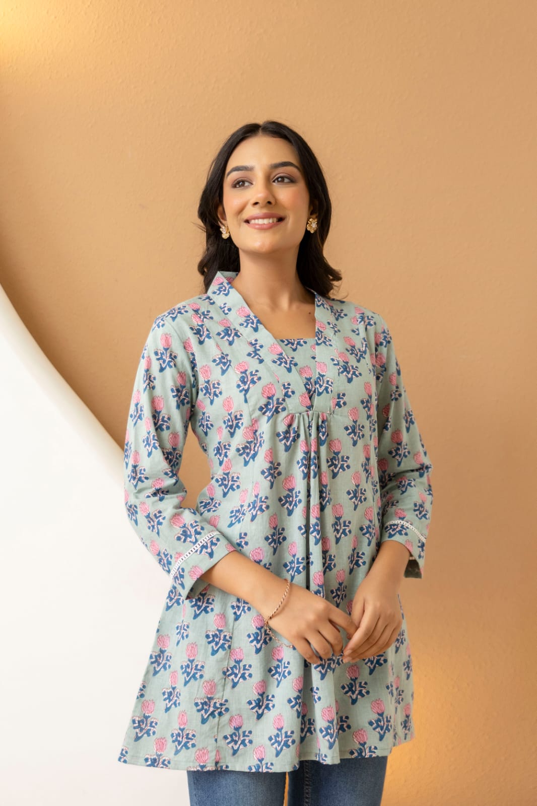 Sage Green Floral Cotton Short Kurti for Women