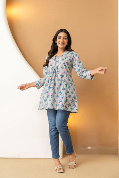 Sage Green Floral Cotton Short Kurti for Women