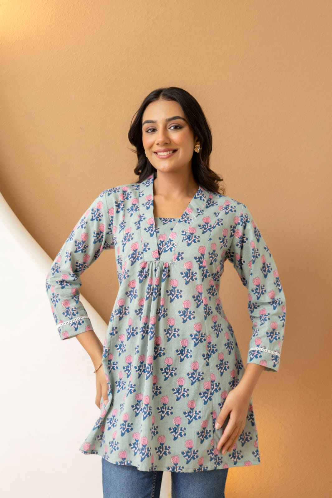 Sage Green Floral Cotton Short Kurti for Women