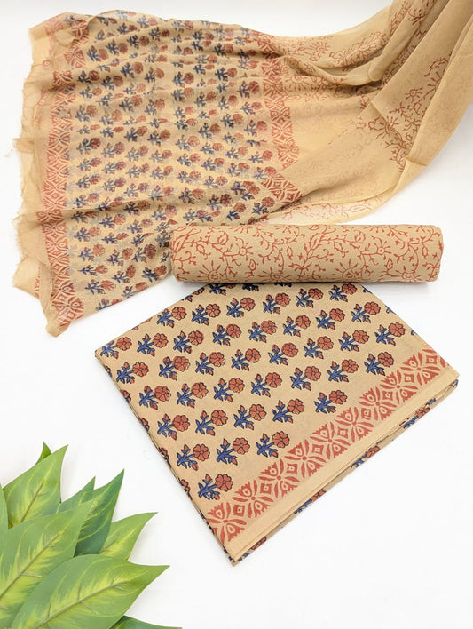 Hand Block Cotton Salwar Suit Set with Chiffon Dupatta
