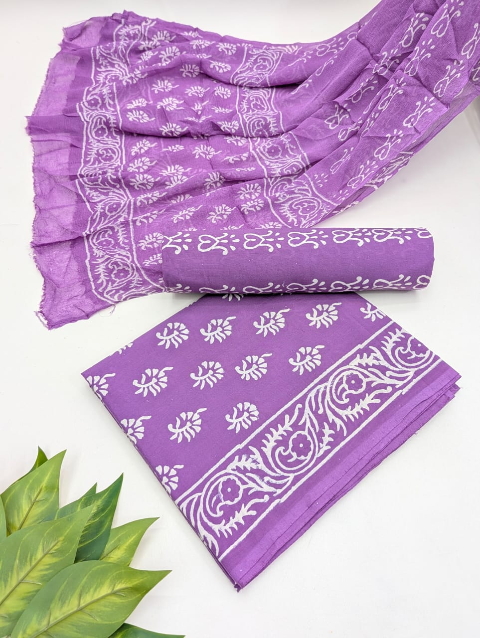 Hand Block Cotton Salwar Suit Set with Chiffon Dupatta