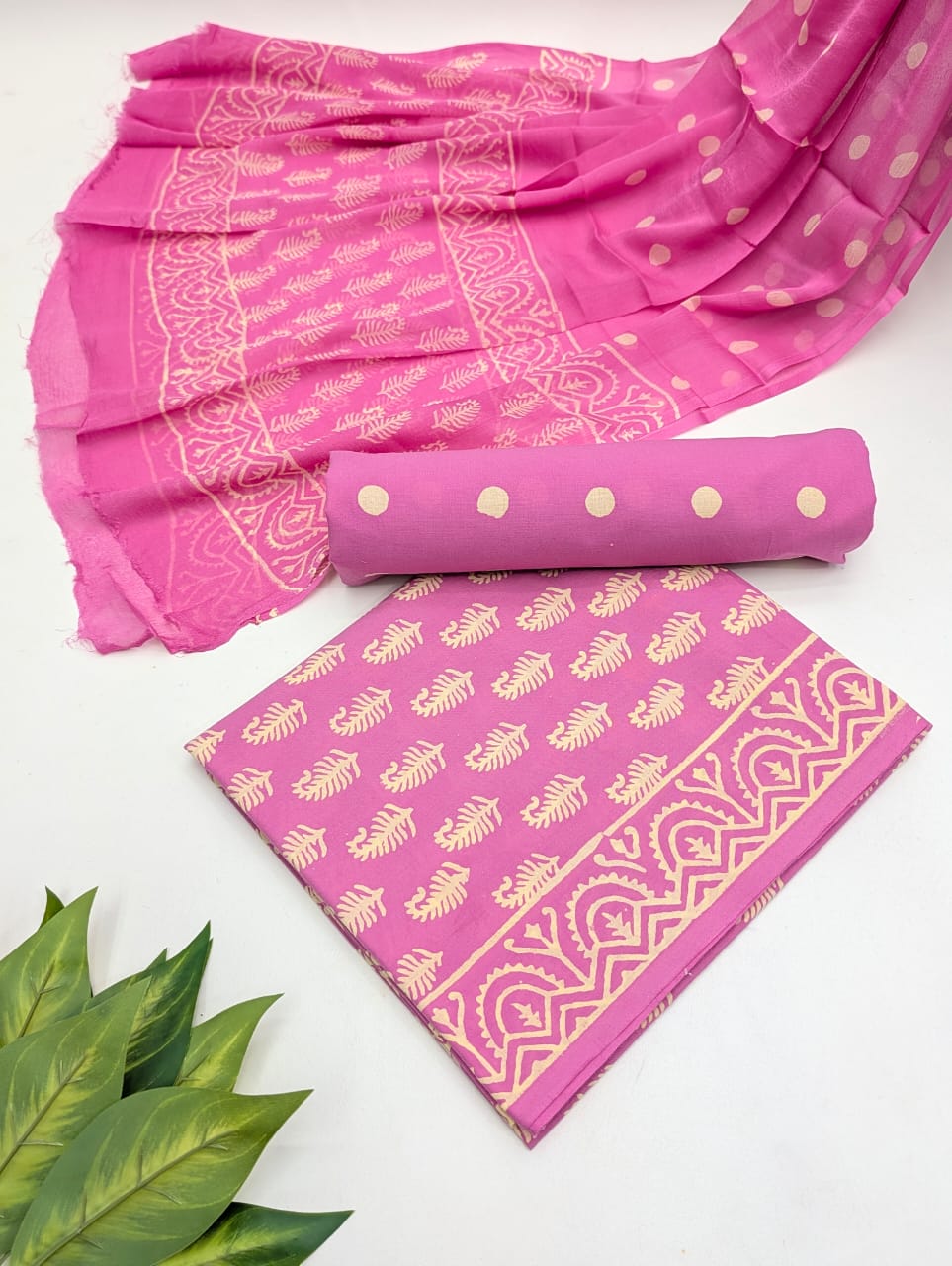 Hand Block Cotton Salwar Suit Set with Chiffon Dupatta