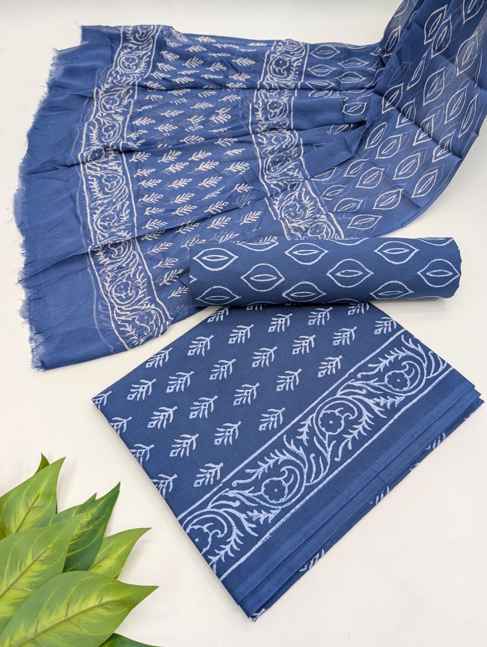 Hand Block Cotton Salwar Suit Set with Chiffon Dupatta