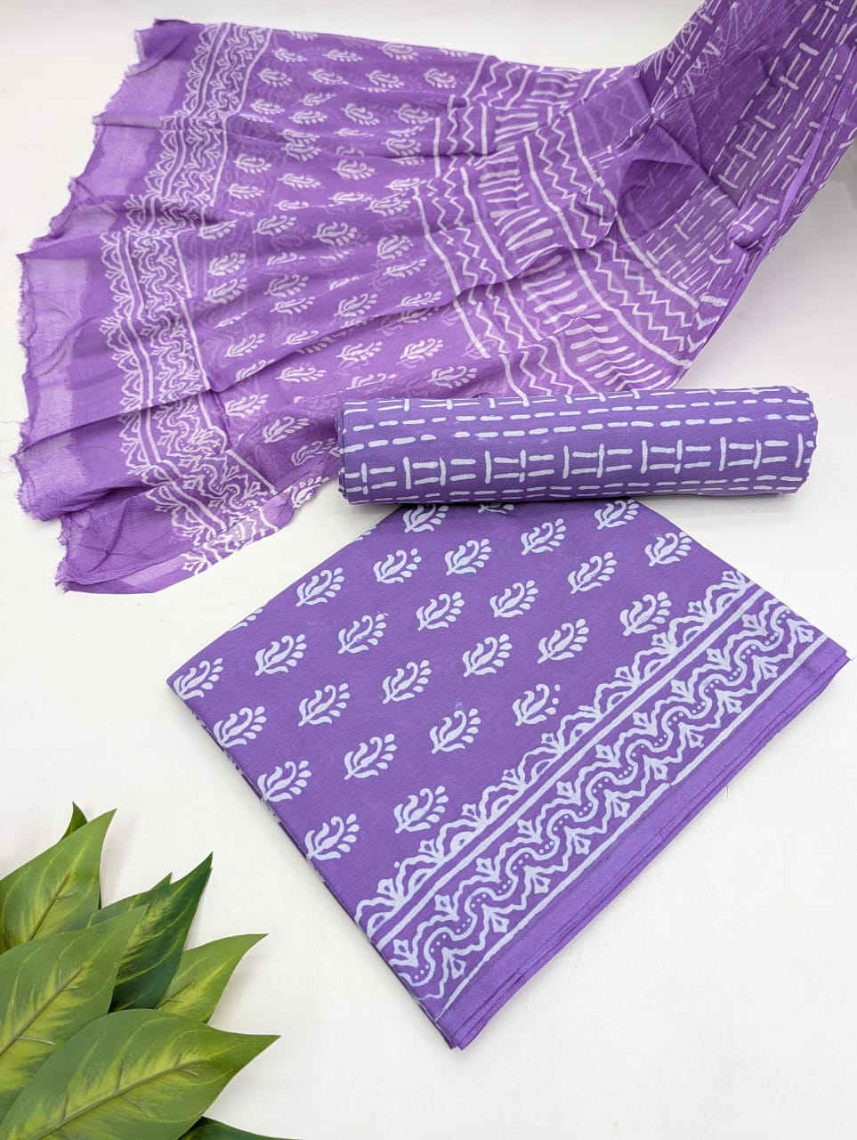 Hand Block Cotton Salwar Suit Set with Chiffon Dupatta