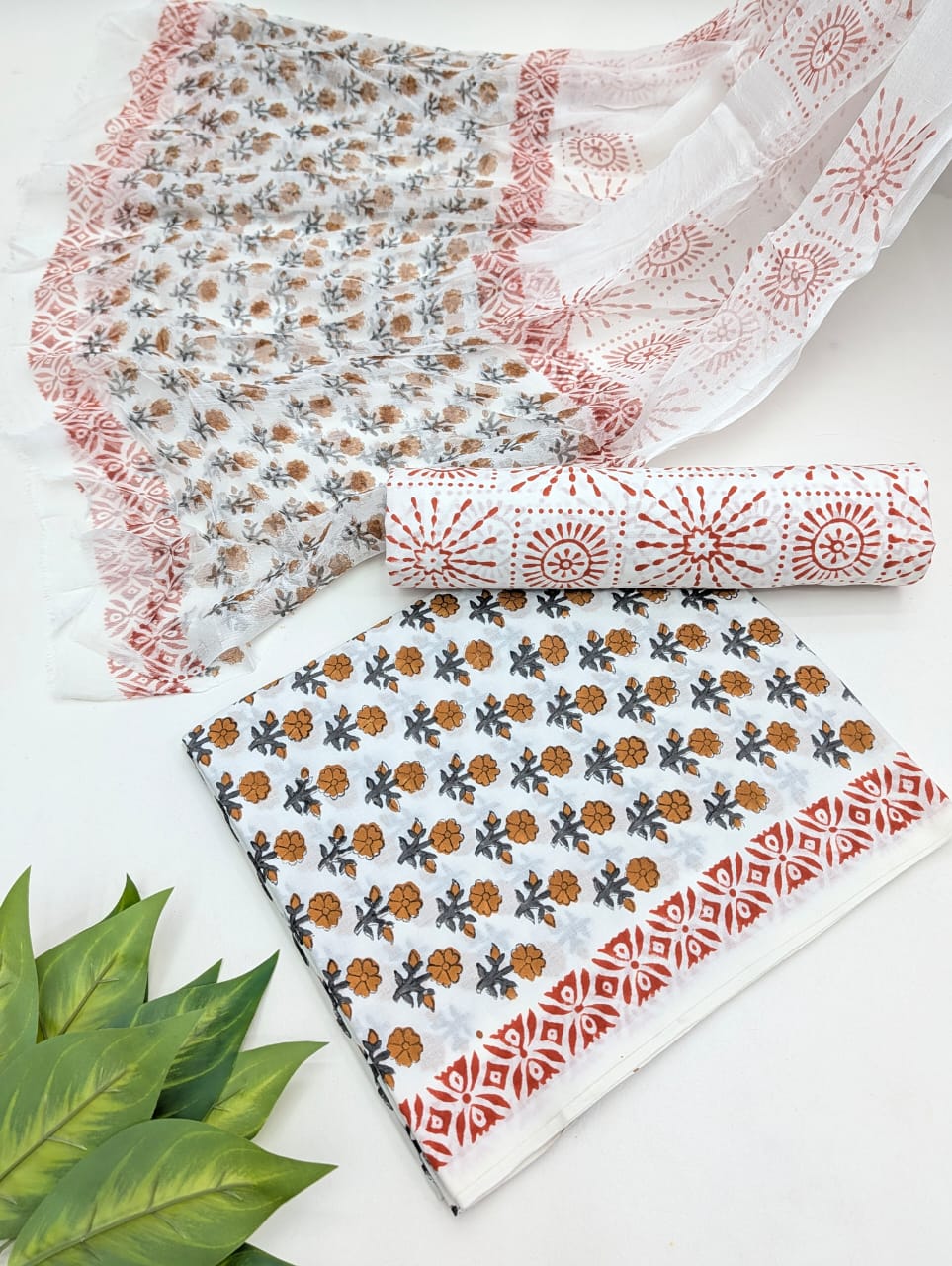 Hand Block Cotton Salwar Suit Set with Chiffon Dupatta