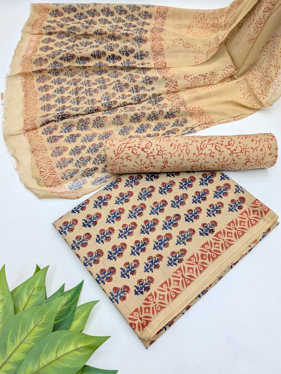 Hand Block Cotton Salwar Suit Set with Chiffon Dupatta