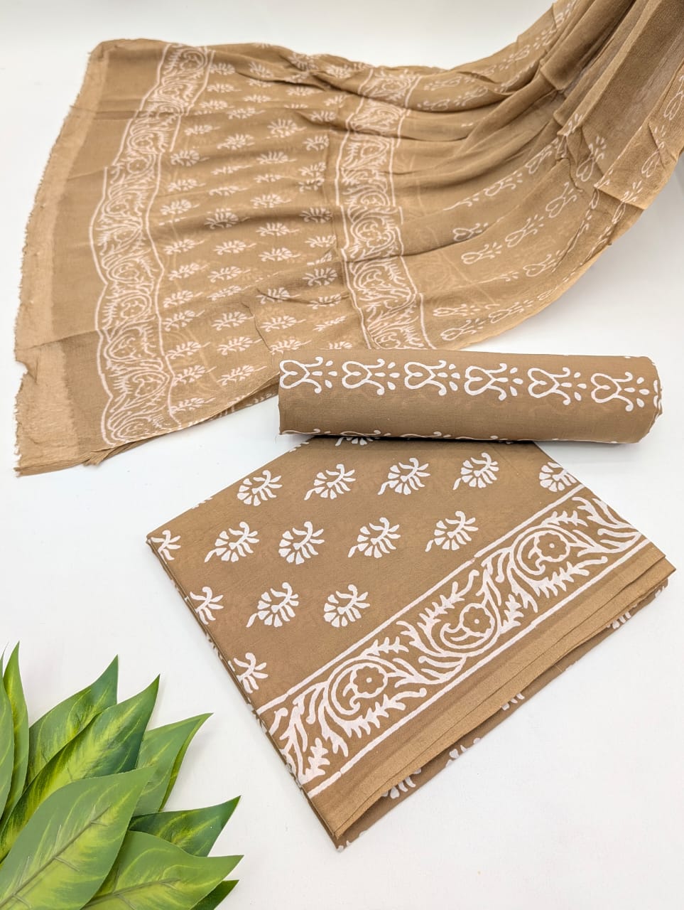 Hand Block Cotton Salwar Suit Set with Chiffon Dupatta