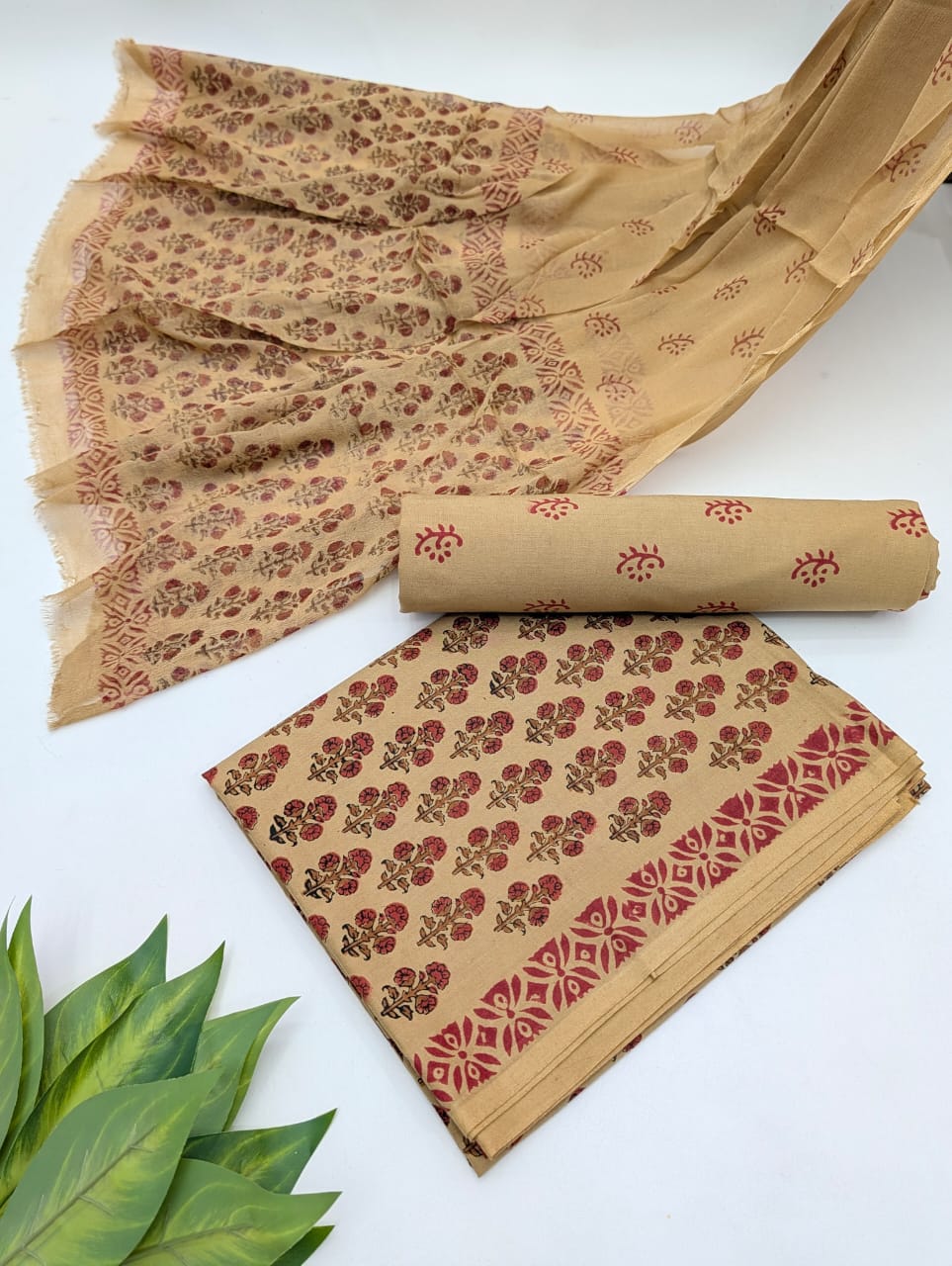 Hand Block Cotton Salwar Suit Set with Chiffon Dupatta