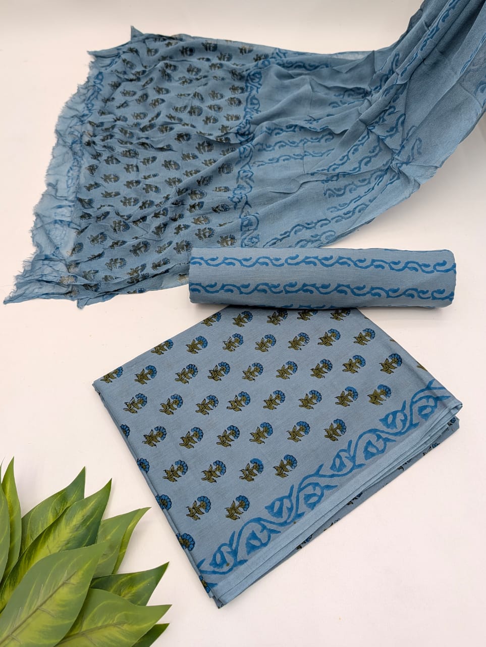 Hand Block Cotton Salwar Suit Set with Chiffon Dupatta