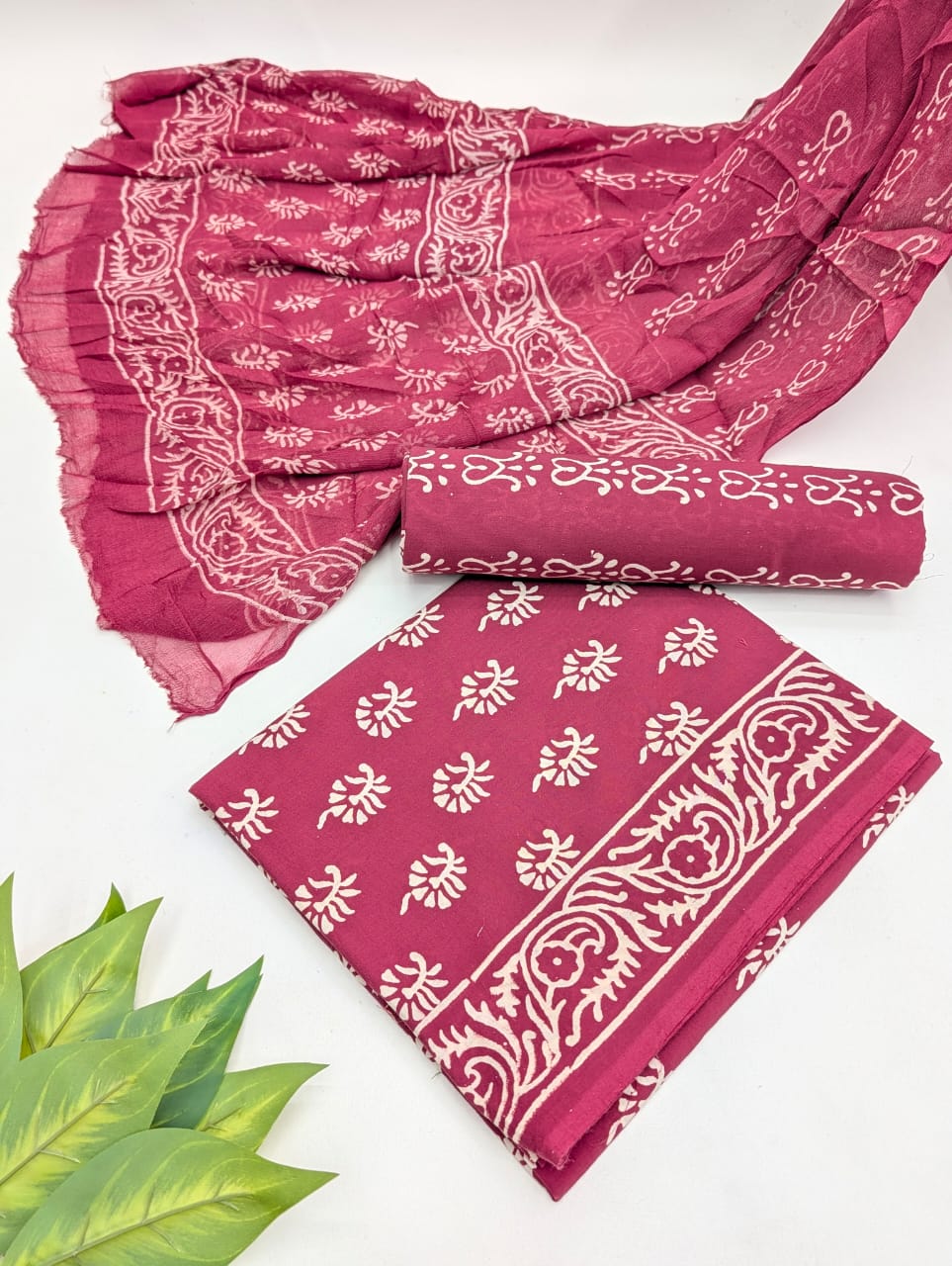 Hand Block Cotton Salwar Suit Set with Chiffon Dupatta
