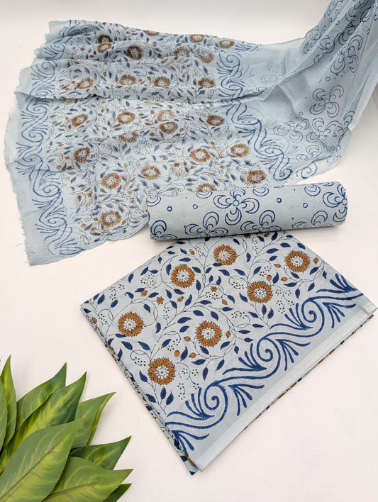 Hand Block Cotton Salwar Suit Set with Chiffon Dupatta