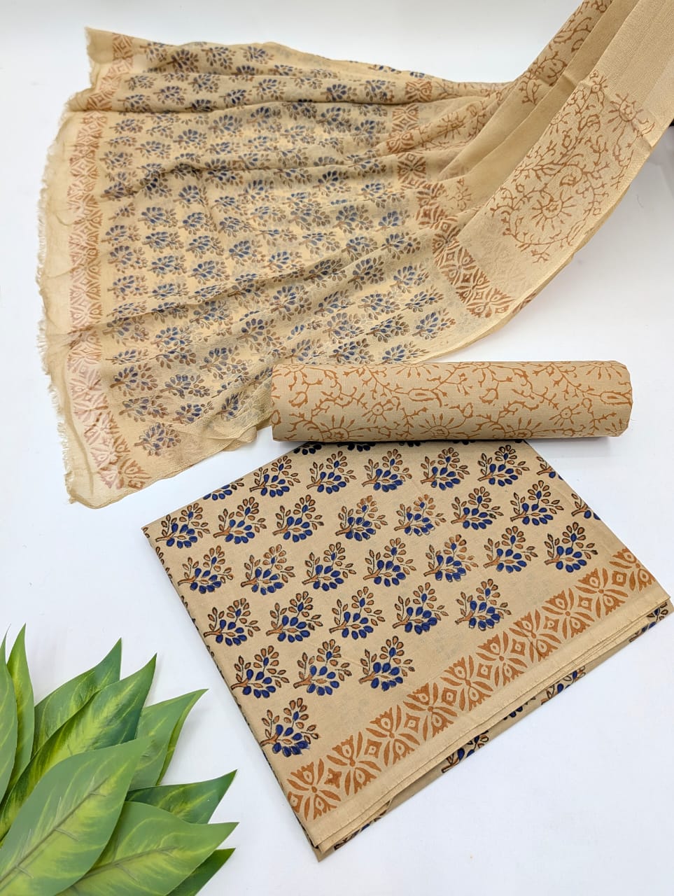 Hand Block Cotton Salwar Suit Set with Chiffon Dupatta