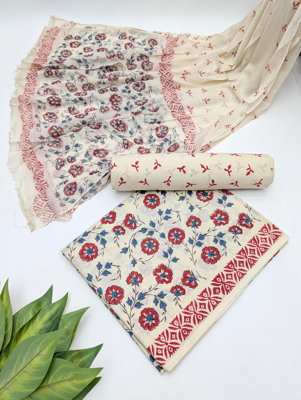 Hand Block Cotton Salwar Suit Set with Chiffon Dupatta