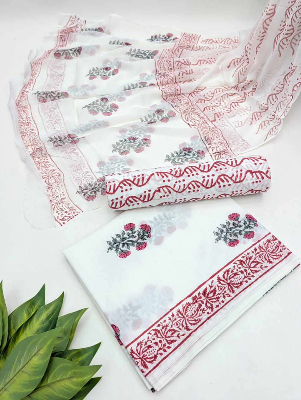 Hand Block Cotton Salwar Suit Set with Chiffon Dupatta