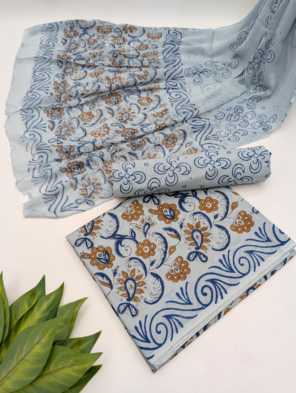 Hand Block Cotton Salwar Suit Set with Chiffon Dupatta