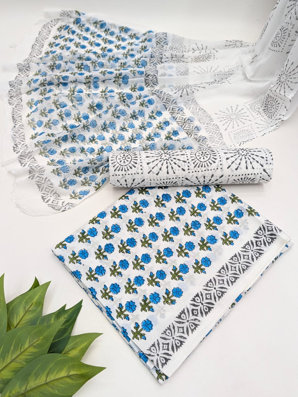 Hand Block Cotton Salwar Suit Set with Chiffon Dupatta