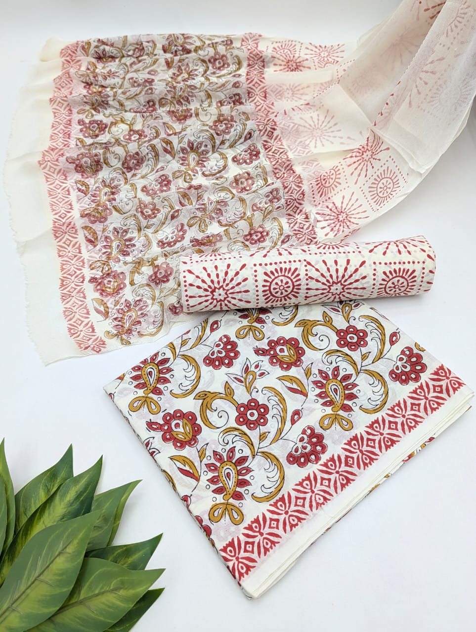 Hand Block Cotton Salwar Suit Set with Chiffon Dupatta