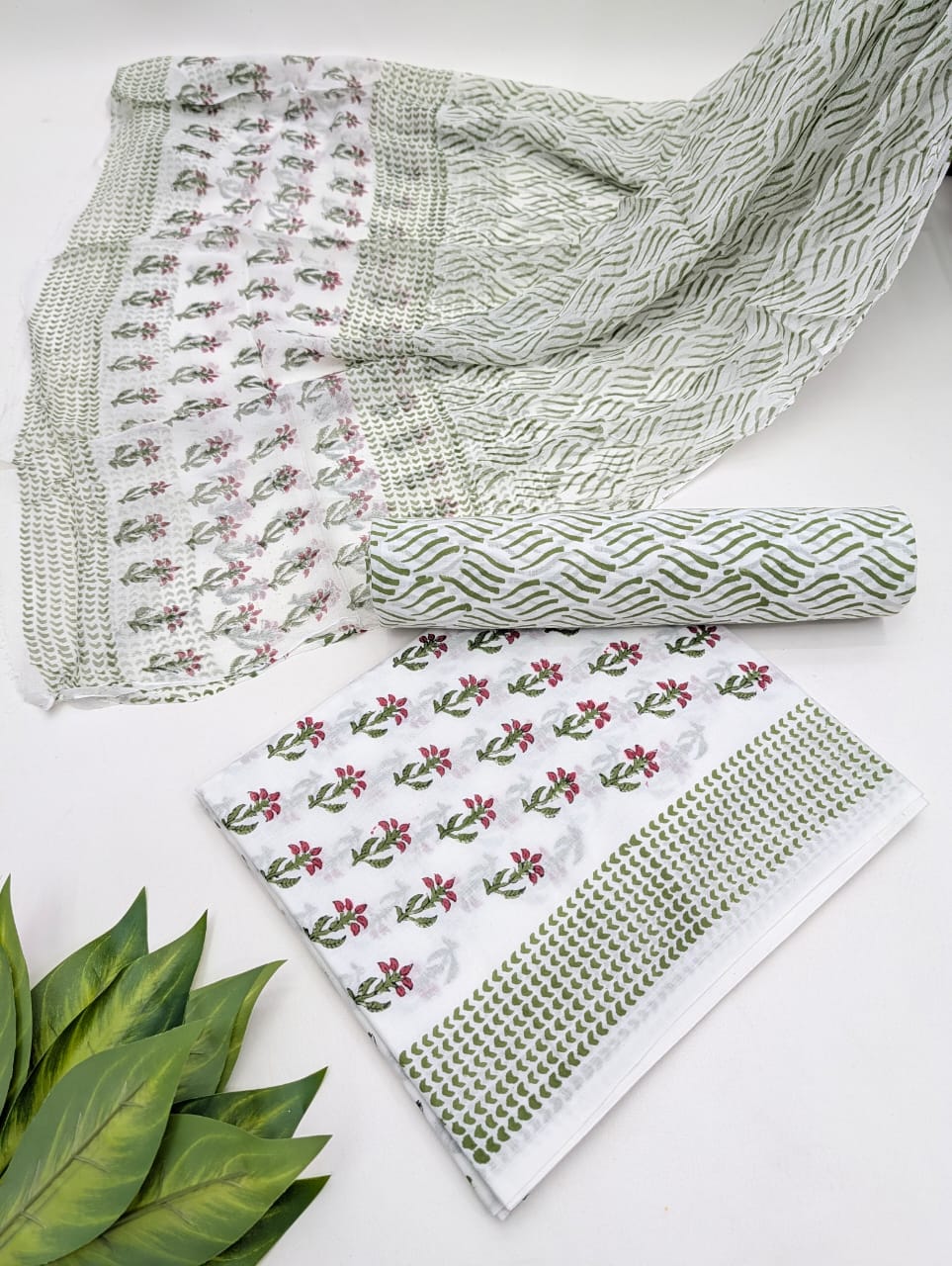 Hand Block Cotton Salwar Suit Set with Chiffon Dupatta