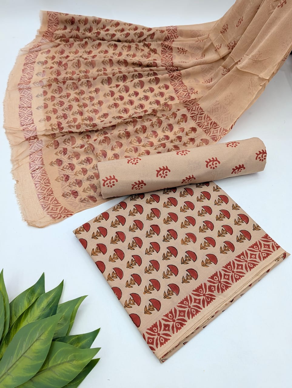 Hand Block Cotton Salwar Suit Set with Chiffon Dupatta