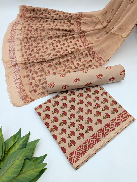 Hand Block Cotton Salwar Suit Set with Chiffon Dupatta